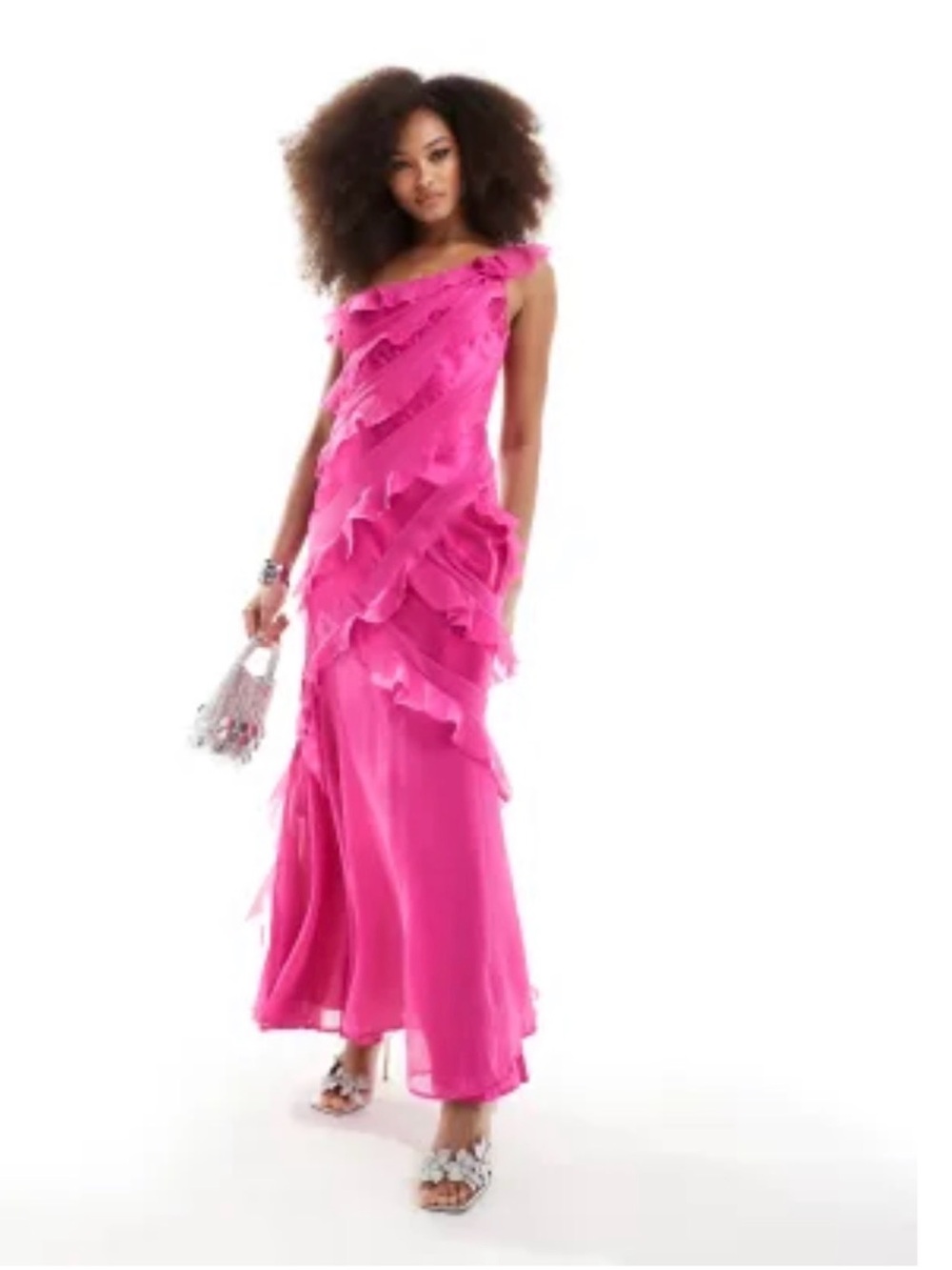 ASOS DESIGN Fuchsia Pink One Shoulder Ruffle Maxi Dress US 12